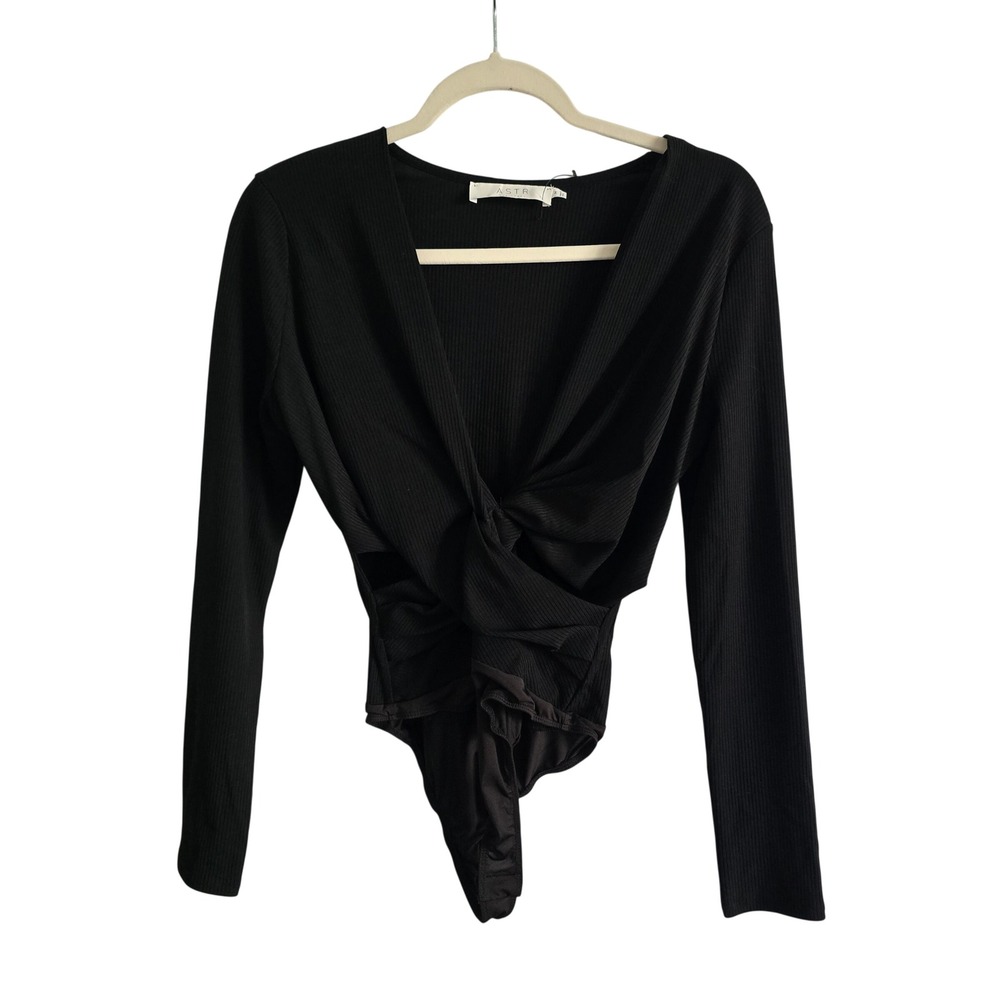 ASTR The Label Bodysuit Women Medium Black Ribbed Twist Front Long Sleeve V-Neck